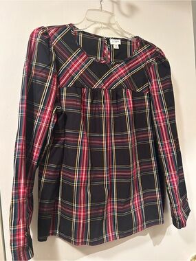 J. Crew Navy Plaid Top with Red, Yellow & Green Stripes